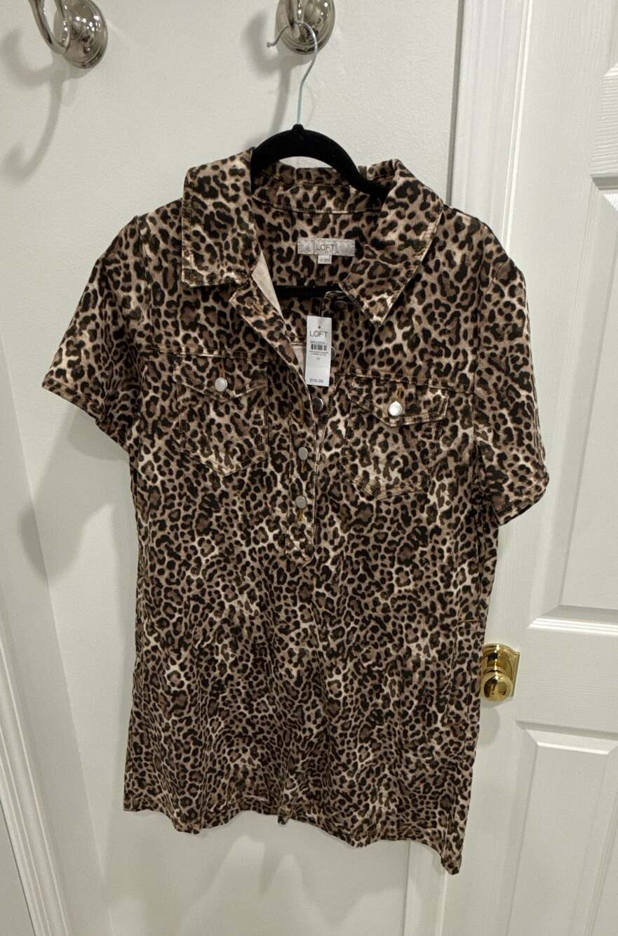 LOFT Leopard Print Denim Dress Size M Brand New With Tags
